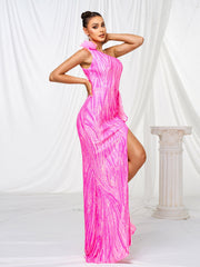 Appliqued One Shoulder Split Sequin Dress