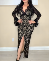 Long-Sleeved Lace V-Neck Bodycon Dress