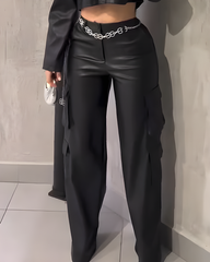Cargo Style Wide-Leg Leather Pants