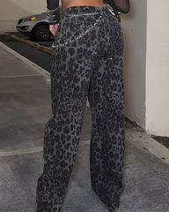 Sparkling Rhinestones Leopard-Print Wide-Leg Jeans