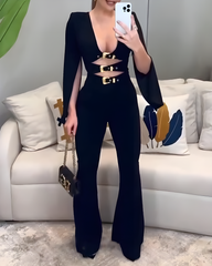 Long-Sleeved Cutout Flared Jumpsuit