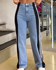 4-Stripes Patchwork Wide-Leg Denim Jeans