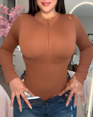Front Zip Long Sleeve Shapewear Thong Bodysuit