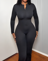 Front Zip Long Sleeve Bodycon Flare Jumpsuit