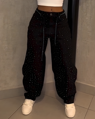 Sparkling Rhinestone Wide-Leg Jeans