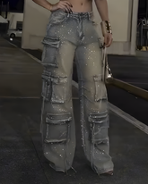 Cargo Style Rhinestone Jeans