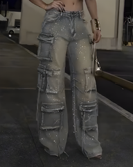 Cargo Style Rhinestone Jeans