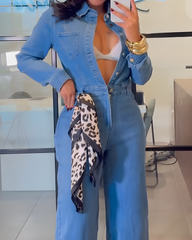 Long-Sleeved Wide-Leg Denim Jumpsuit