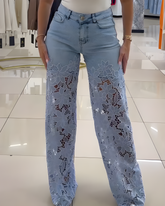 Lace Cutout Wide Leg Jeans