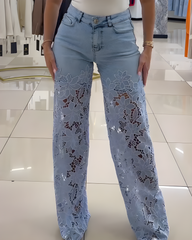 Lace Cutout Wide Leg Jeans