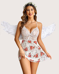 Lace Heart Print Halter V Neck Babydoll