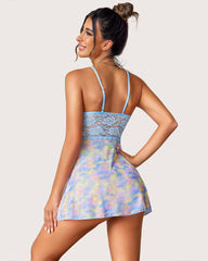 Lace FPrint Halter V Neck Babydoll