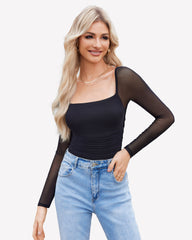 Square Neck Mesh Long Sleeve Bodysuit Shapewear