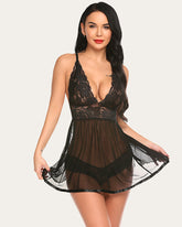 Lace Strap V Neck Mesh Nightgown