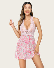 Halter Lace FPrint Babydoll Mesh Nightgown