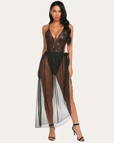 Deep V Lace Bodysuit & Mesh Skirt