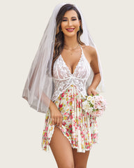 Lace FPrint Halter V Neck Dress