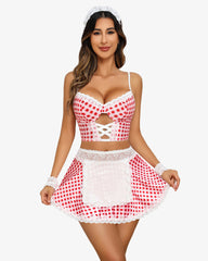Plaid Contrast Lace Maid Costume Set