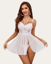 Lace Print Babydoll Mesh Slit Boudoir Sleepdress