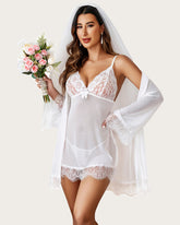 3 Piece Sets Mesh Robe with Lace Dress