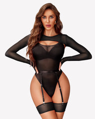 Long Sleeve Mesh Top Teddy Sheer Leotards