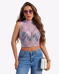 Mock Neck Lace FSee Through Tank