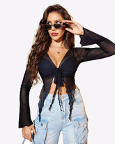 Mesh Crop Top Y2K Tie Front Tops