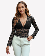Mesh Long Sleeve Blouse FLace Top
