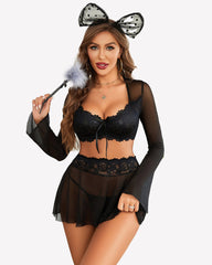 Contrast Lace Mesh Lingerie Set