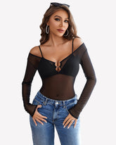 Mesh Long Sleeve Blouses Top