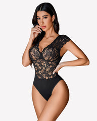 Lace Bodysuits V Neck Snap Crotch Teddy
