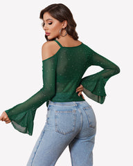 Mesh Top Long Sleeve Rhinestone Tops