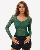 Lace Long Sleeve Mesh V Neck Tops