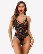 Lace Teddy V Neck Cut Out Snap Crotch Bodysuit