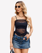 Side Drawstrings Mesh Sheer Tank Tops