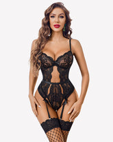 Lace Crotchless Bodysuit with Panty Garter Set