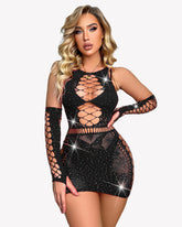 Sparkle Rhinestone Fishnet Chemise With Gloves