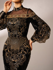 Luxe Embroidered Ballon Sleeve Evening Dress