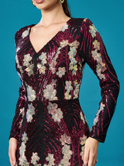 V-neck Floral Sequin Long Sleeve Prom Dress
