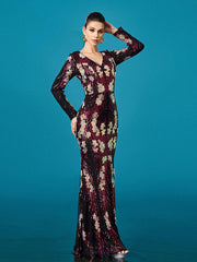 V-neck Floral Sequin Long Sleeve Prom Dress