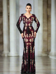 V-neck Floral Sequin Long Sleeve Prom Dress