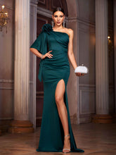 Green One Shoulder Floral Prom Dress