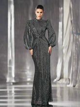 Long Sleeve Folds Solid Sequin Formal Dress