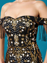 Off Shoulder Fringed Floral Sequin Prom Dress