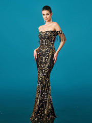 Off Shoulder Fringed Floral Sequin Prom Dress