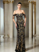 Off Shoulder Fringed Floral Sequin Prom Dress