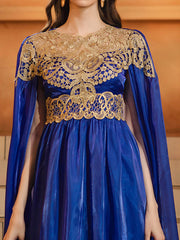 Blue Cape Sleeve Muslim Embroidered Dress