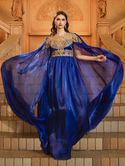 Blue Cape Sleeve Muslim Embroidered Dress