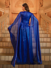 Blue Cape Sleeve Muslim Embroidered Dress