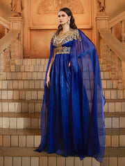 Blue Cape Sleeve Muslim Embroidered Dress